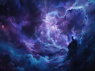 A dark, immersive 3D galaxy scene, where a lone fairy uses her magic to light up nebula clouds, revealing hidden celestial patterns - obrazy, fototapety, plakaty