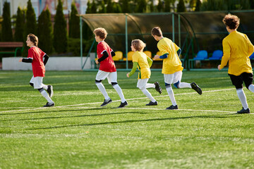 A group of energetic young boys are immersed in a game of soccer, dribbling and passing the ball...