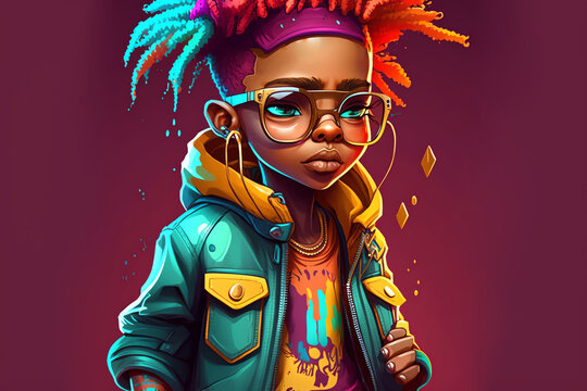 Neon hipster cartoon girl with dreadlocks glasses
