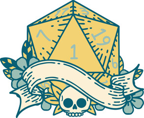 Retro Tattoo Style natural one d20 dice roll