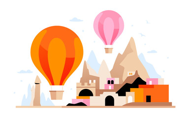 Valley of the Witch Trumpets - modern colored vector illustration with one of the most popular areas in Cappadocia, it has the shape of a triangle. Hot Air Balloon festival, Entertainment for tourists