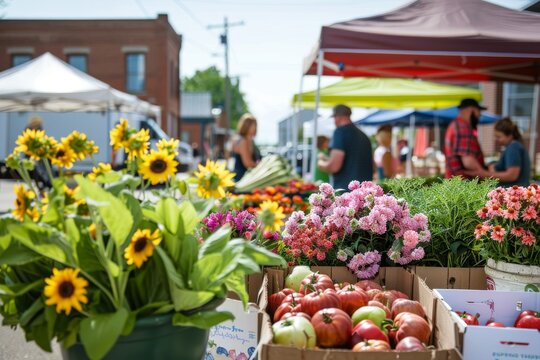 A farmer's market with fresh produce and flowers, offering a vibrant and community-focused summer scene for local themes