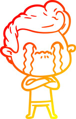 warm gradient line drawing of a cartoon man crying