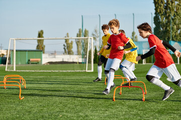 A lively group of young boys engaged in a competitive game of soccer, running, kicking, and passing...