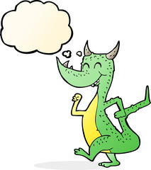 cartoon happy dragon with thought bubble