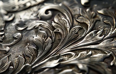 A macro shot of intricate metal engraving, showcasing the detailed artistry possible in metalwork - obrazy, fototapety, plakaty