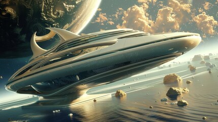 A solar-powered, space-faring cruise ship exploring the rings of Saturn, offering guests cosmic views and extraterrestrial excursions
