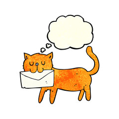 cartoon cat carrying letter with thought bubble