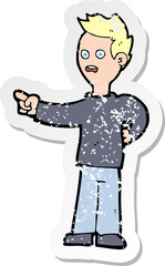 retro distressed sticker of a cartoon shocked boy pointing