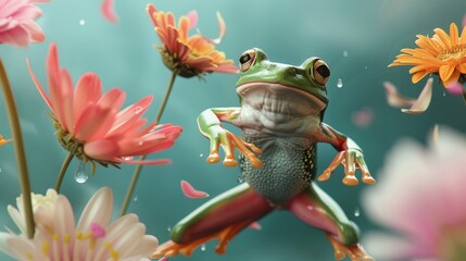 A whimsical frog in a dance pose with pastel flowers, creating a playful springtime scene