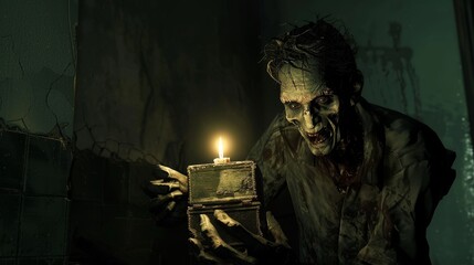 A zombie trying to light a candle with a box of damp matches in a dark, eerie room