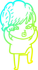 cold gradient line drawing of a cartoon woman