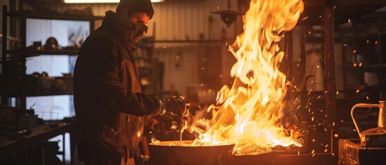 Artisans casting metal with flames, a dance of fire and craftsmanship - obrazy, fototapety, plakaty