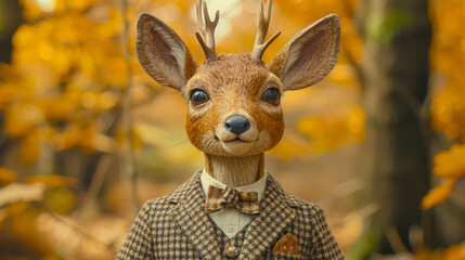Dapper deer in a tweed suit, accessorized with a pocket square, against a woodland glen backdrop, lit with dappled sunlight, emanating rustic elegance and charm - obrazy, fototapety, plakaty