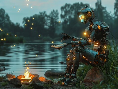 Autonomous robot by a riverside campfire at dusk, preparing fish with a background of fireflies