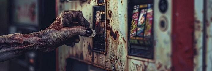 Close-up of a zombie's hand dropping coins into a rusty, jammed vending machine - obrazy, fototapety, plakaty