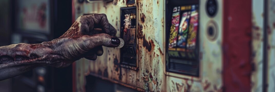 Close-up of a zombie's hand dropping coins into a rusty, jammed vending machine