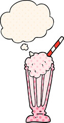 cartoon milkshake with thought bubble in comic book style