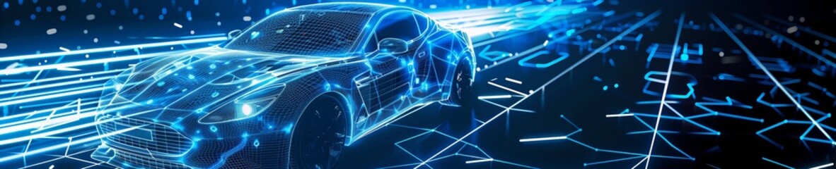 High-performance vehicle schematic, interlaced with electric blue energy lines, in a virtual reality grid