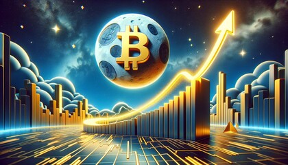 Bitcoin to the moon growth illustration. Crypto bull run - obrazy, fototapety, plakaty