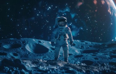 Little Asian boy in a spacesuit exploring craters on the moon, vibrant starry sky, cinematic quality, realistic space gear