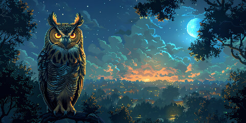 Pixel art giant owl carrying a message over a mystical forest at night