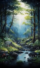 Fototapeta premium Detailed watercolor painting of a path in the forest with tall trees, a lake and mushrooms, sunlight, green foliage, nature invitation card, wallpaper, banner 