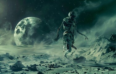 Single zombie with a jetpack landing on the moon, desolate terrain, Earthrise in the background, blending horror and sci-fi