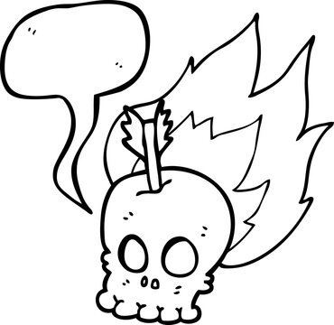 freehand drawn speech bubble cartoon skull with arrow