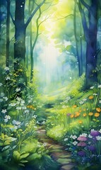 Obraz na płótnie Canvas Detailed watercolor painting of a path in the forest with tall trees, sunlight, green foliage, nature invitation card, wallpaper, banner 