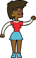 cartoon woman in spectacles waving