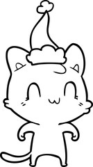 hand drawn line drawing of a happy cat wearing santa hat