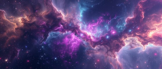 A cosmic holographic backdrop, with swirling nebula-like liquids in deep space hues, giving a sense of otherworldly beauty.