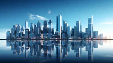 Obraz premium Modern skyscrapers of a smart city, futuristic financial district, graphic perspective of buildings and reflections - Architectural blue background for corporate and business brochure template.