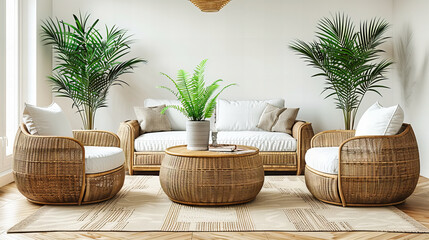 Modern Living Room with Wooden Furniture and Green Plant Accents, Stylish and Comfortable Interior