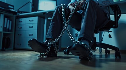 A man sitting on a chair with a chain around his ankles. Suitable for concepts of captivity and restriction - obrazy, fototapety, plakaty