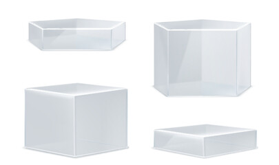 Glass transparent pentagon product podiums of different height. Realistic vector set of plexiglass or plastic geometric stands for goods display. Empty clear crystal or acrylic pillar platform mockup.