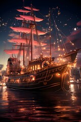 Pirate ship in the night sky. 3d render illustration.