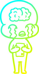 cold gradient line drawing of a cartoon big brain alien crying