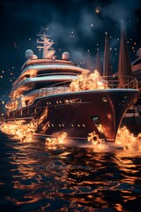 luxury yachts in the sea at night 3d illustration