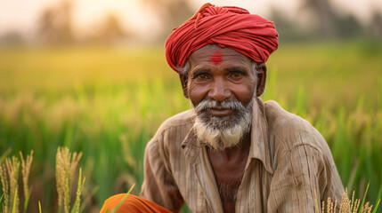 An indian farmer working in a paddy field.