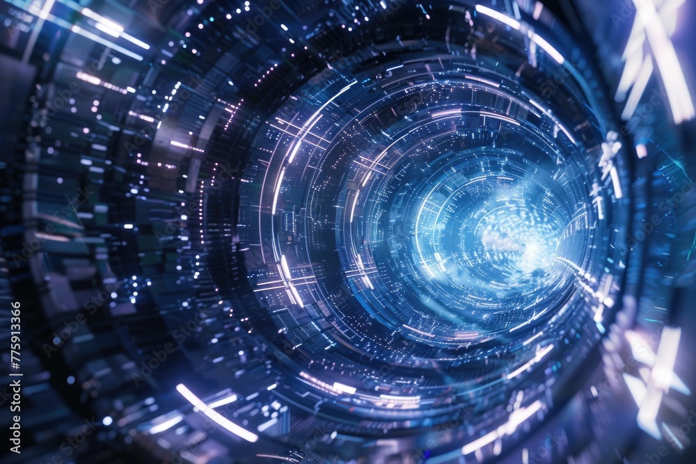 Poster A futuristic tunnel with a blue light shining through. Suitable for technology and science fiction concepts