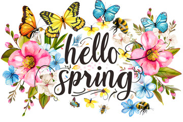 Hello Spring text lettering with bright meadow flowers and butterflies 
