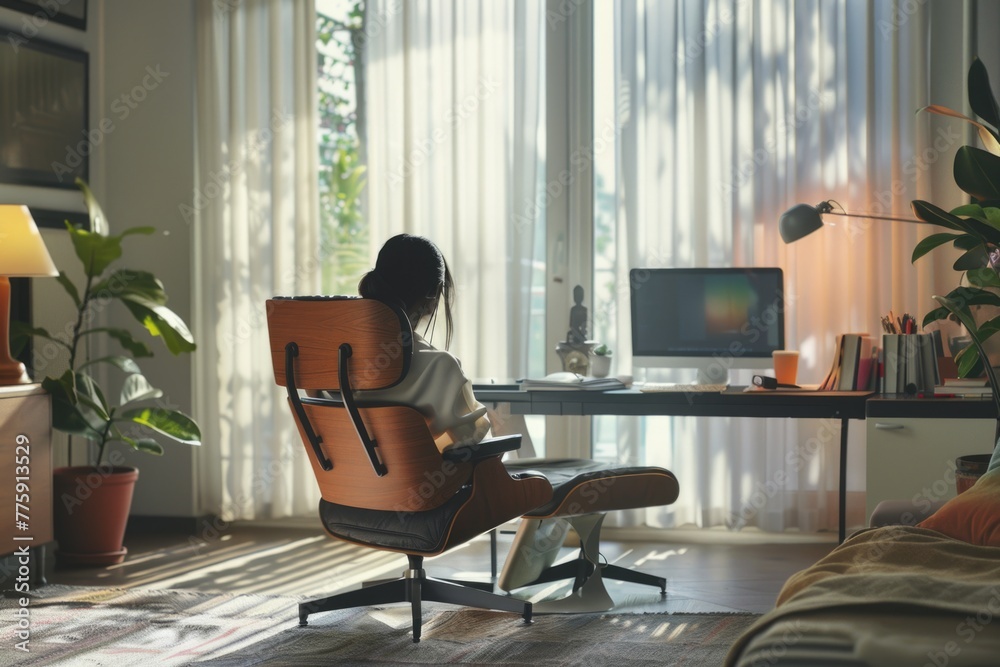 Poster a woman sitting in a chair in front of a computer. suitable for business or remote work concepts