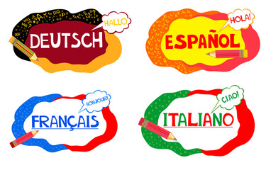 Concept of travel or studying languages. Italian, German, Spanish,  French. Flat design. Language school course. Study foreign languages with native speaker. Online personal tutor. vector illustration