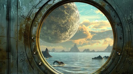 A porthole on a ship that offers views of alien planets instead of the sea Nautical glimpse, with detailed, extraterrestrial landscapes