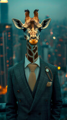 Sophisticated giraffe in a tailored suit, accessorized with a pocket watch chain, against a cityscape backdrop, lit with urban lights, exuding refinement and stature