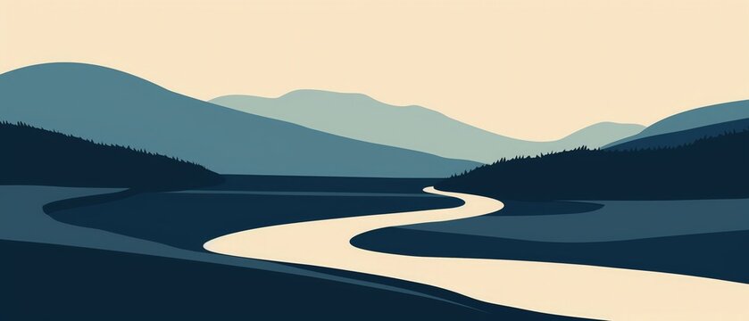 A sleek, simple depiction of a river winding through a landscape, symbolizing lifes journey