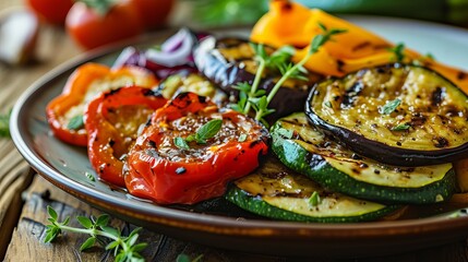 Colorful Grilled Vegetable Medley with Fresh Herbs and Seasoning, Gourmet Plant-Based Dish Showcasing Vegan Cuisine