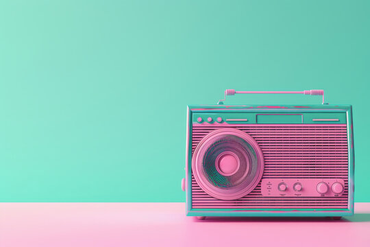 Radio illustration, 80s and 90s, retro colors on pastel green pink neon light background, copy space